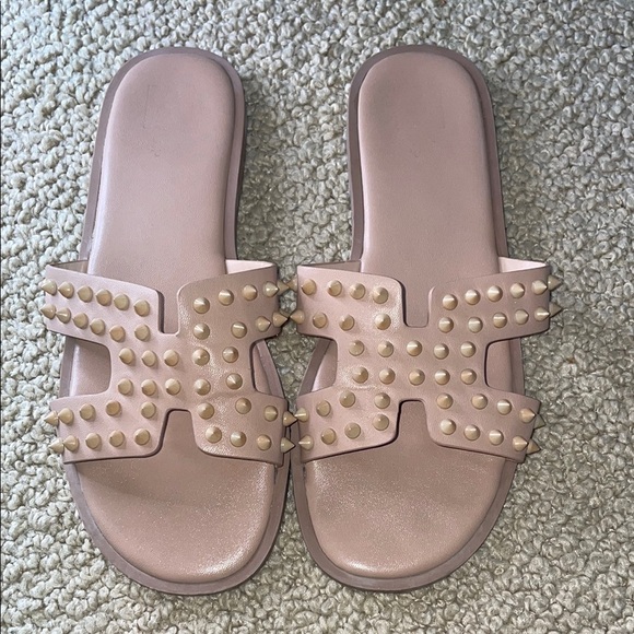 Shoes - Studded Nude Slide Sandals
